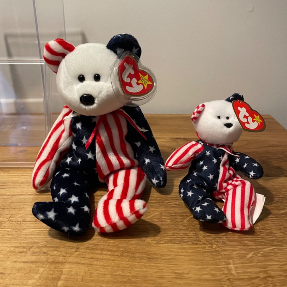 Spangle Ty Beanie Babies American Flag Classic Bear 1999 + Mini in Box – VINTAGE